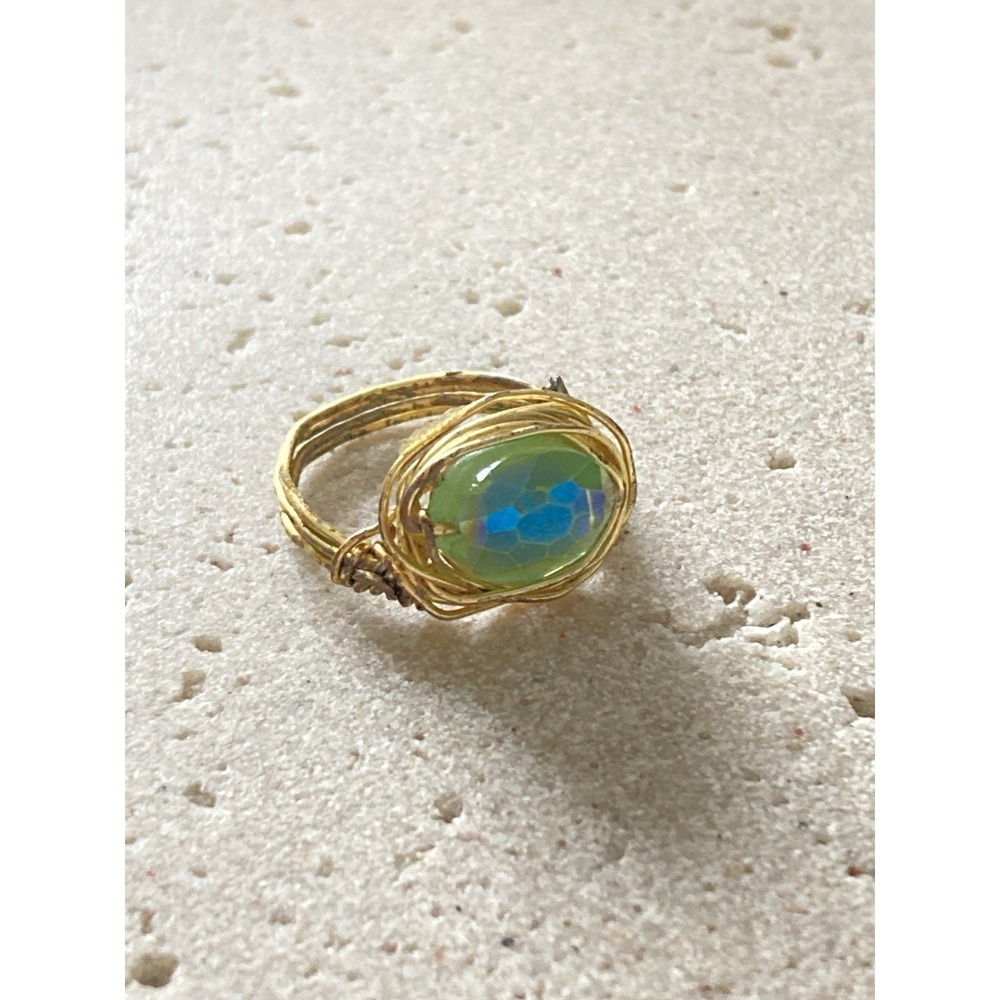 Boho Wire Wrap Ring Size 7 Gold Tone Oval Iridescent Green Blue Glass Artisan